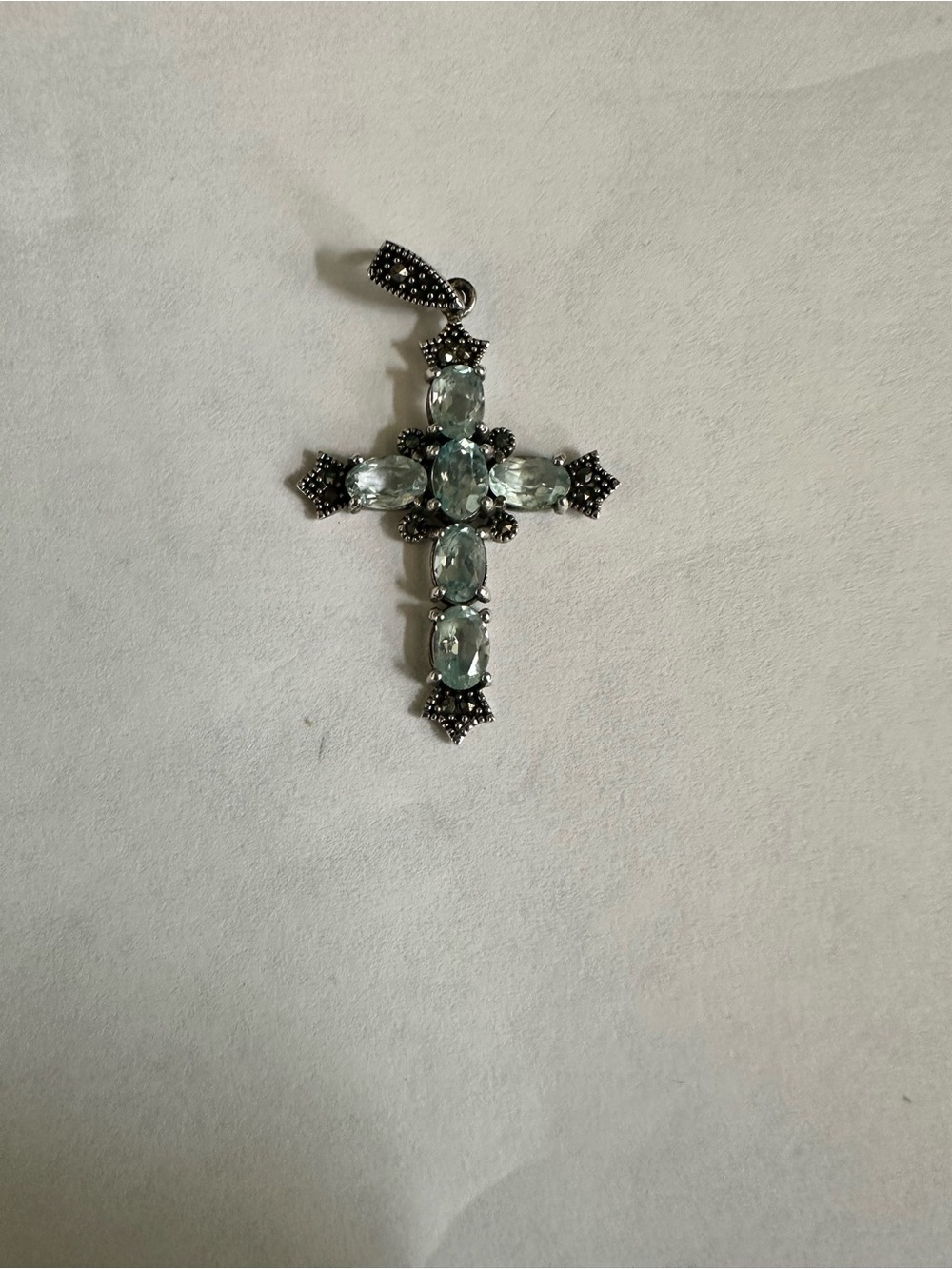 Sterling Silver Cross Pendant with Blue Topaz Gemstones & Marcasite accents NWOT